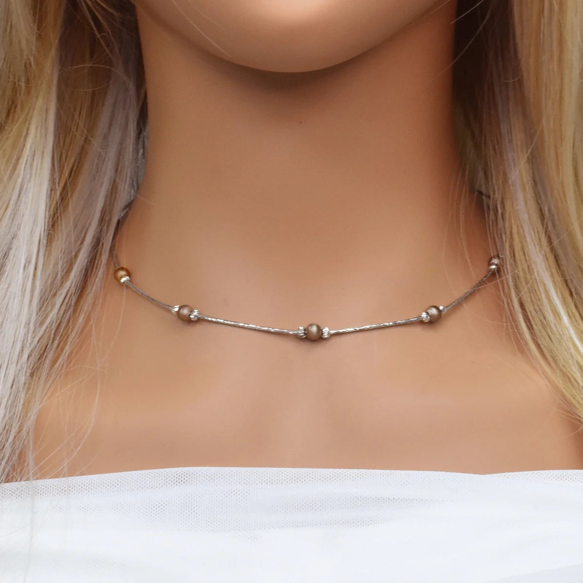 925 Sterling Silver Black & Rhodium Plated Italian Beaded Necklace