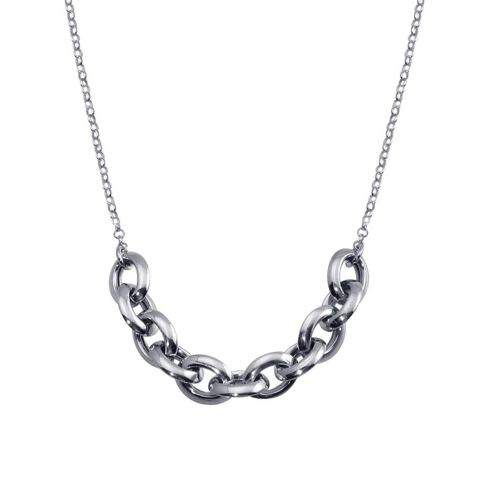925 Sterling Silver Rhodium Plated Large Link Center Necklace