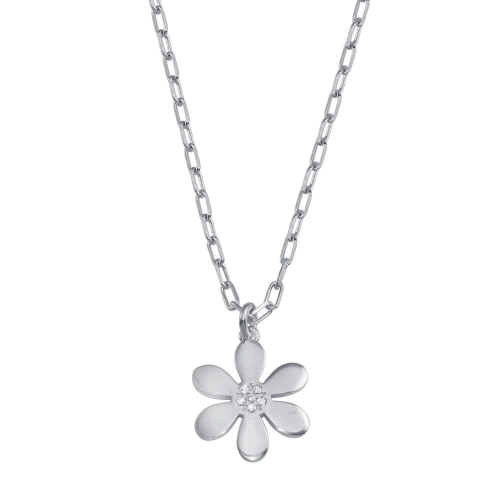 925 Sterling Silver Rhodium Plated Paperclip Chain Flower CZ Necklace