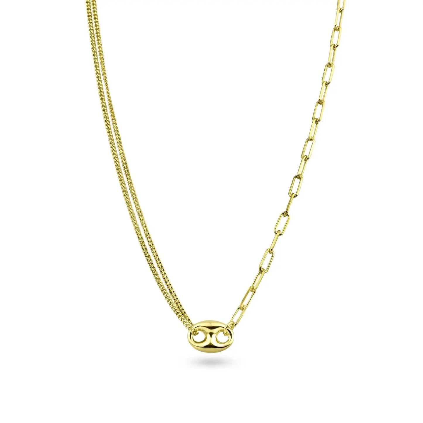 925 Sterling Silver Gold Plated Puffed Mariner Double Strand Curb and Single Paperclip Adjustable Link Necklace