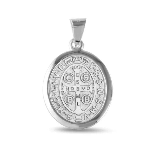925 Sterling Silver High Polished Oval Saint Benedict Medallion
