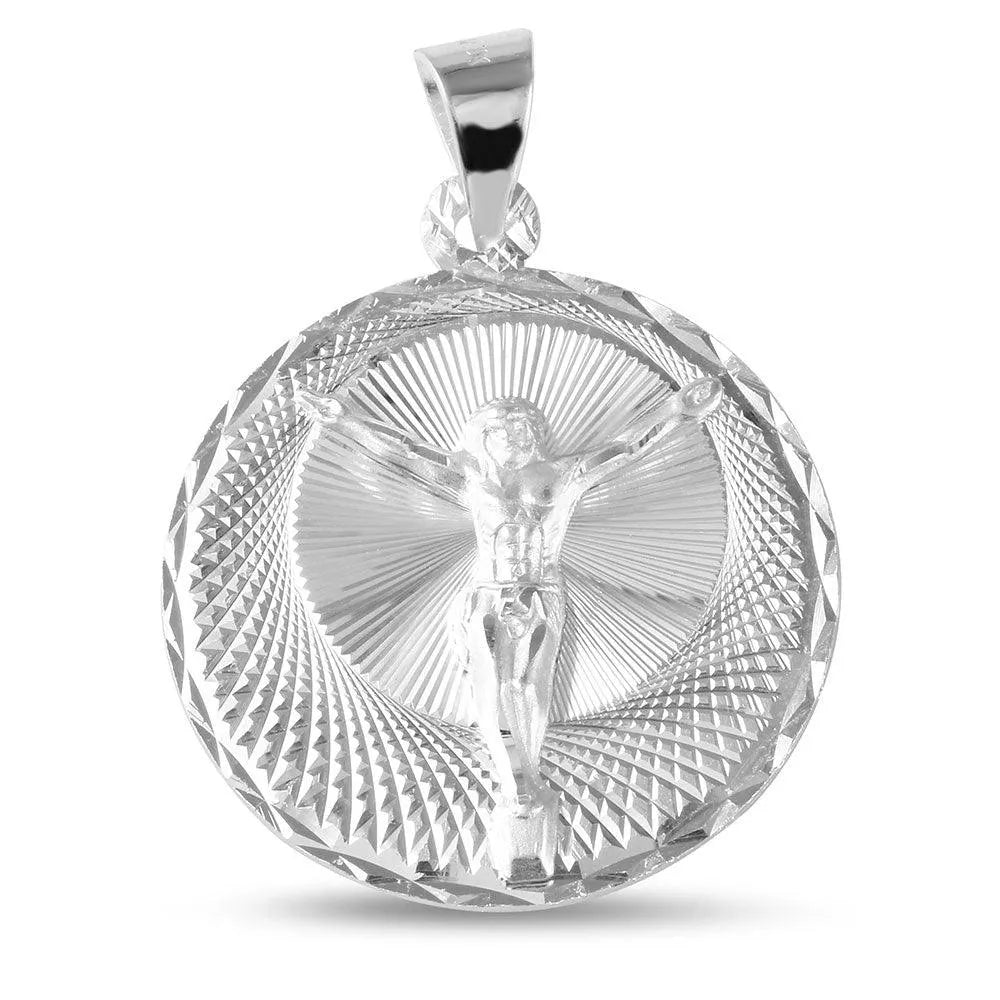 925 Sterling Silver High Polished Crucifix Diamond Cut Medallion