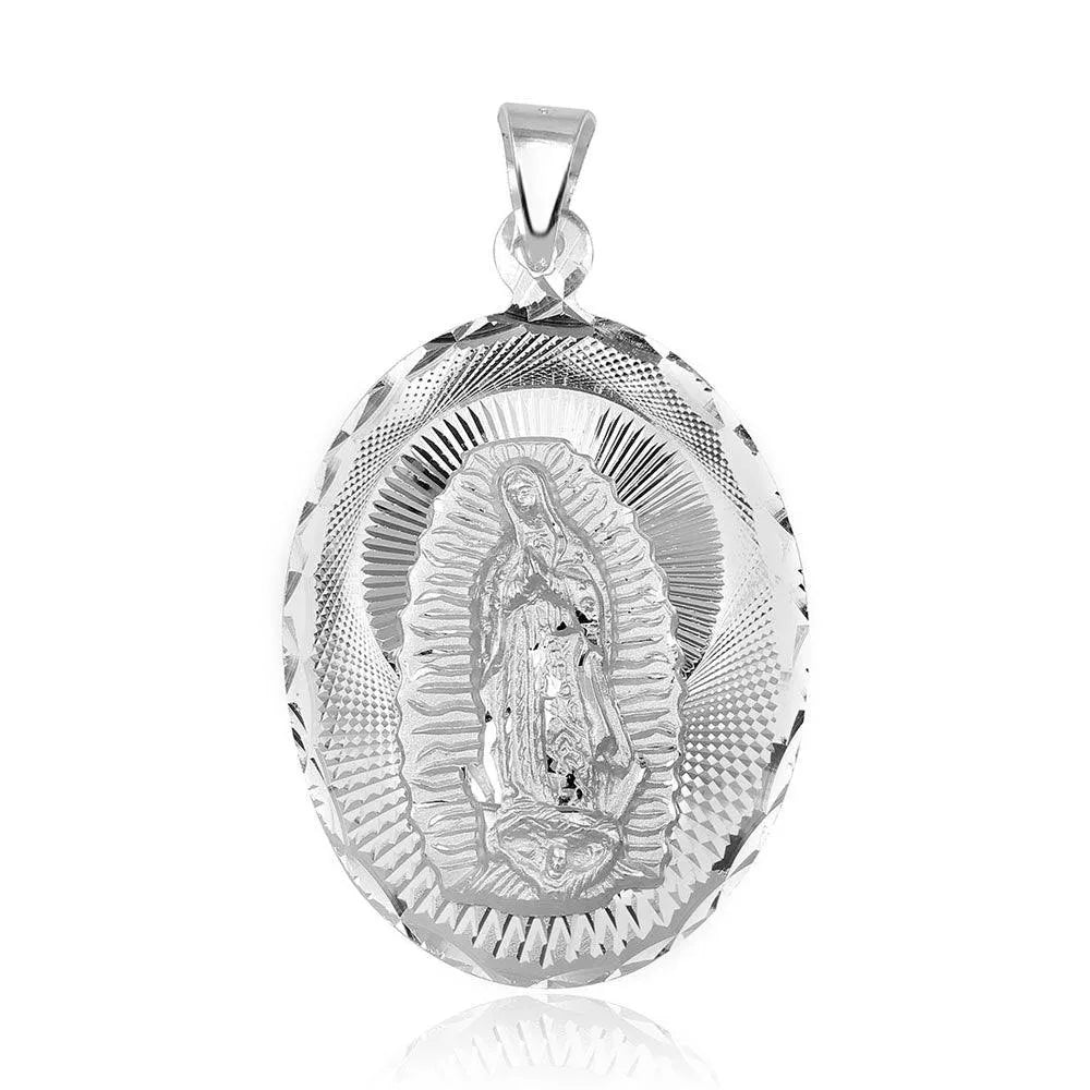 925 Sterling Silver High Polished Diamond Cut Lady of Guadalupe Medallion Pendant