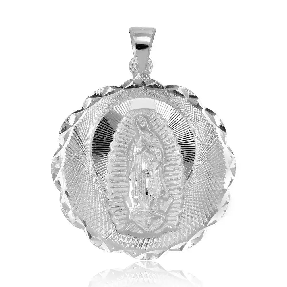 925 Sterling Silver High Polished DC Wavy Edge Round Lady of Guadalupe Medallion Pendant