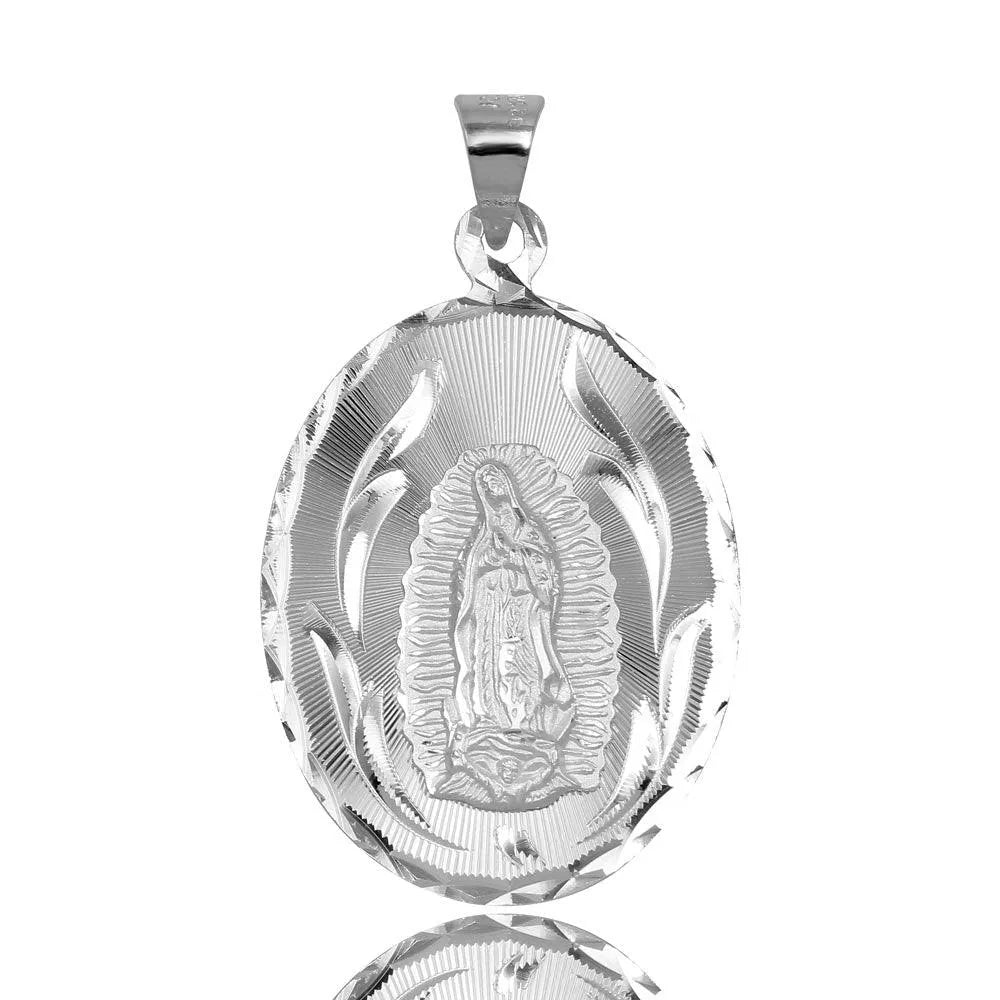 925 Sterling Silver High Polished DC Oval Lady of Guadalupe Medallion Pendant