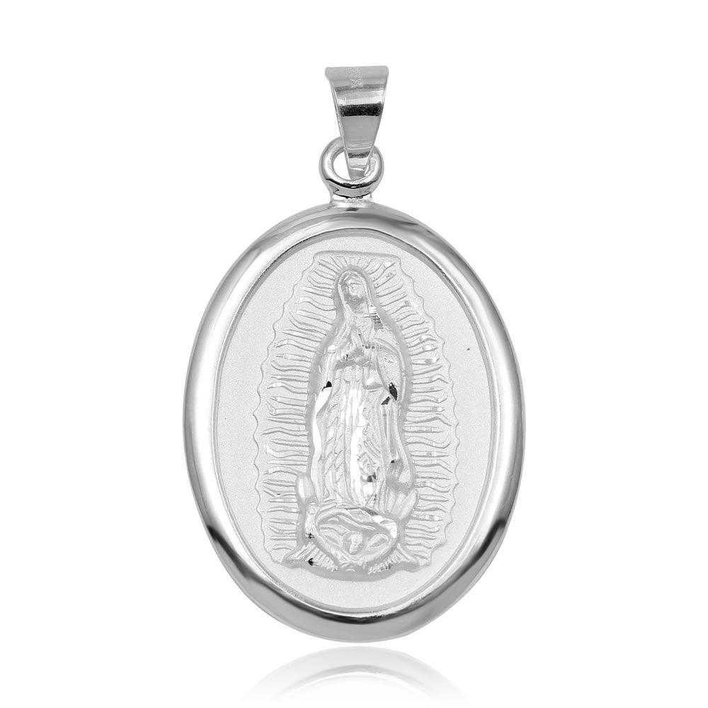 925 Sterling Silver High Polished Edge Lady of Guadalupe Medallion Pendant