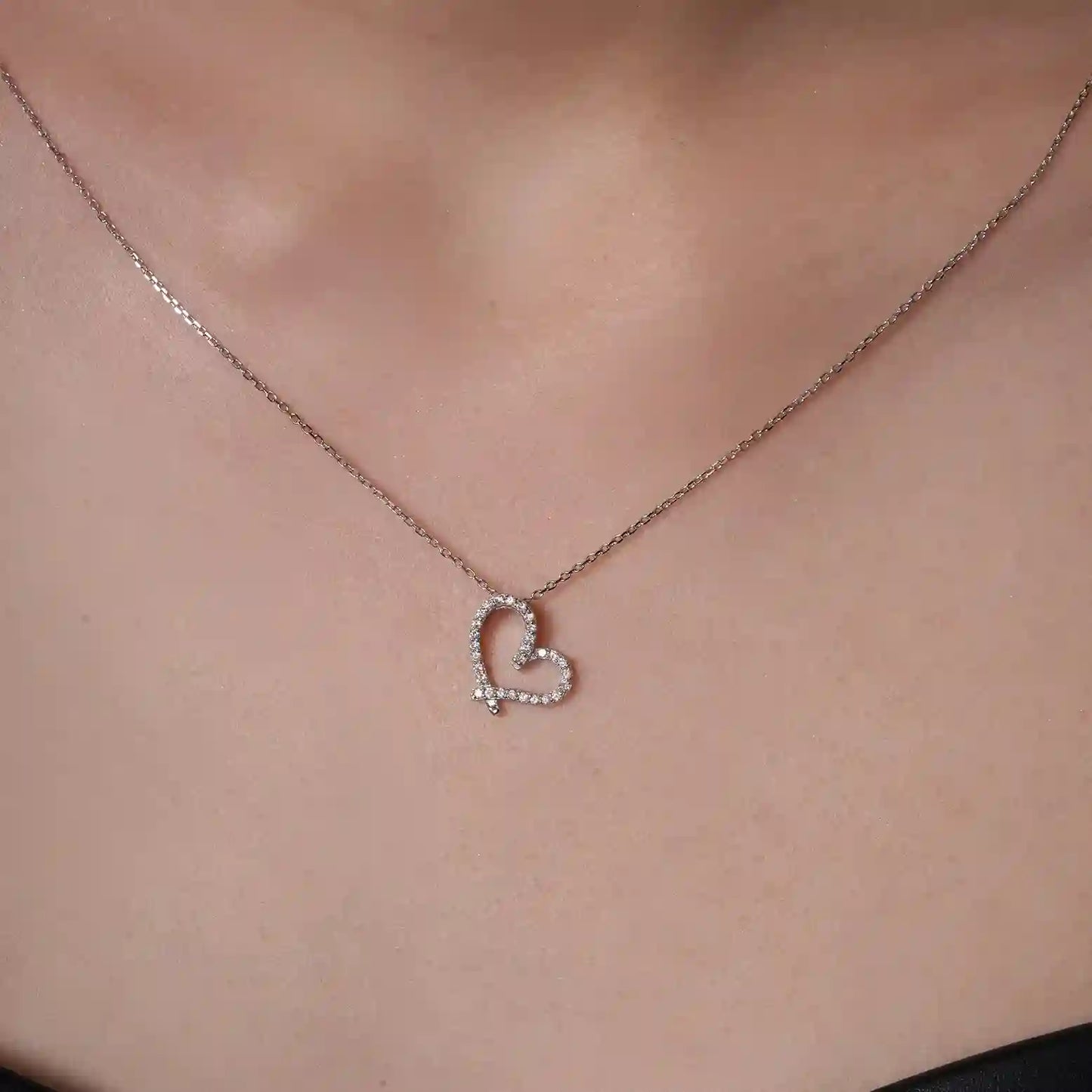 925 Sterling Silver Rhodium Plated Lab Grown Diamond on Assymetrical Heart Pendant Adjustable Necklace