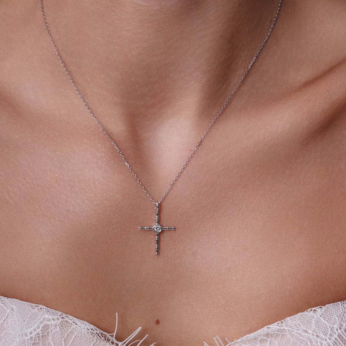 Lab Grown Diamond 925 Sterling Silver Rhodium Plated Round Cross Necklace