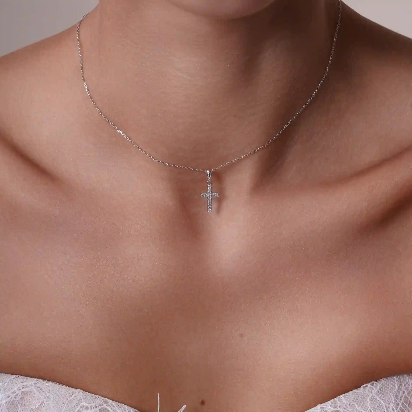 925 Sterling Silver Rhodium Plated Dainty Lab Grown Diamond Cross Necklace