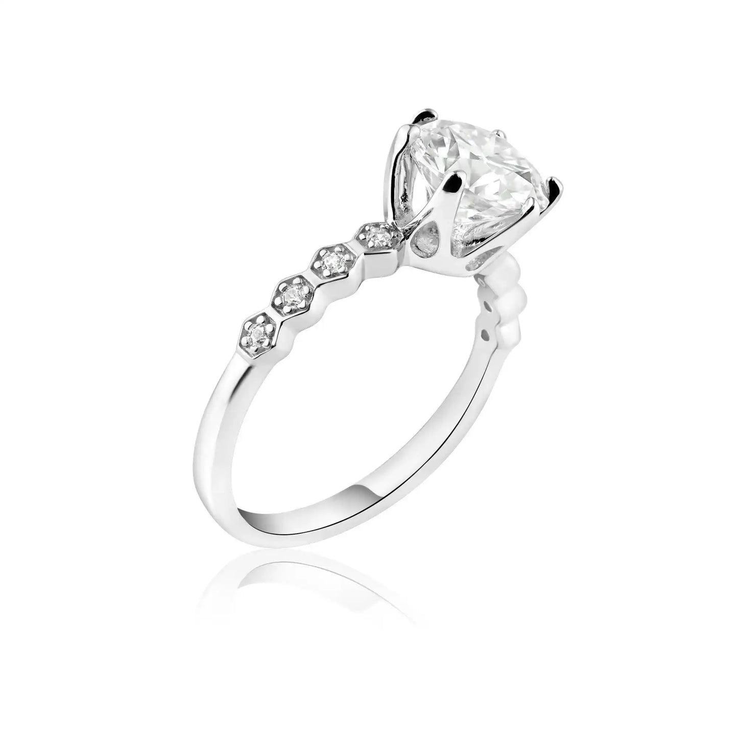 925 Sterling Silver Rhodium Plated 2 Carat Round Moissanite and Clear CZ Ring