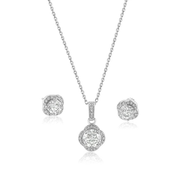925 Sterling Silver Rhodium Plated Round Moissanite 0.5 Carat Earring and 1 Carat Necklace Sets