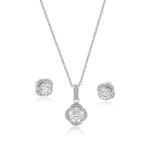 925 Sterling Silver Rhodium Plated Round Moissanite 0.5 Carat Earring and 1 Carat Necklace Sets