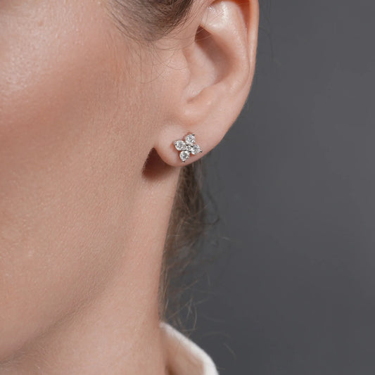 925 Sterling Silver Rhodium Plated Flower Moissanite Studded 7mm Stud Earring