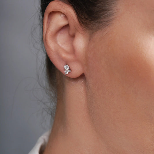 925 Sterling Silver Rhodium Plated Triple Stone Cluster Moissanite Studded 7mm Stud Earring