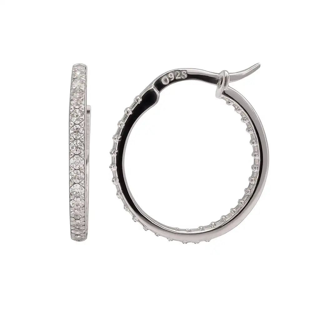 925 Sterling Silver Rhodium Plated Moissanite Hoop Half Studded 19mm Latch Back Earring
