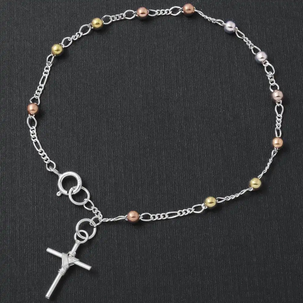 925 Sterling Silver High Polished 3 Toned Beads with Tied Up Cross Rosary Bracelet