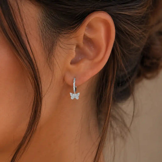 925 Sterling Silver Rhodium Plated Moissanite Diamond Cut Butterfly Hoop Earring