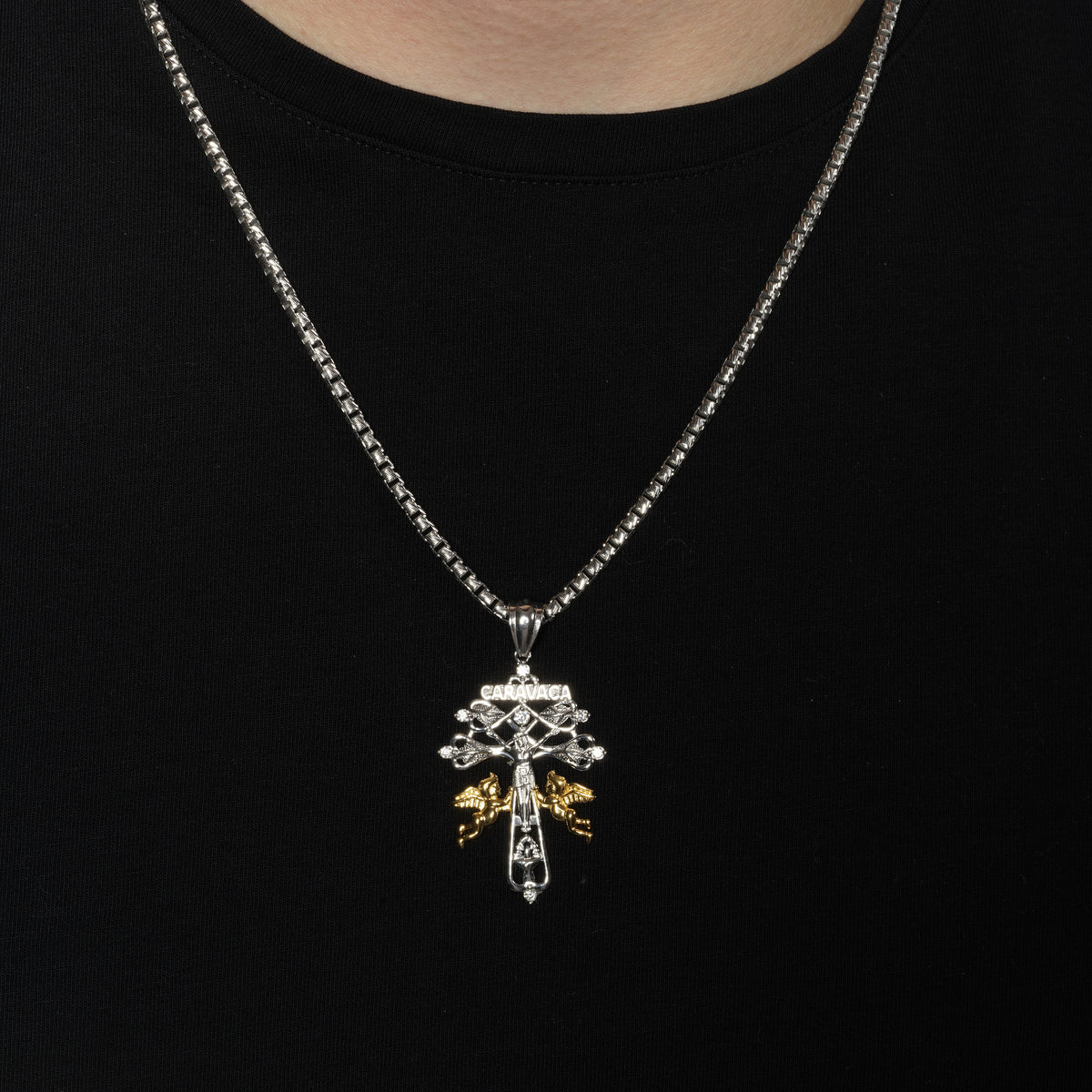 925 Sterling Silver Two-Tone Plated Moissanite Crucifix Jesus Cross Cherubs Caravaca Pendant