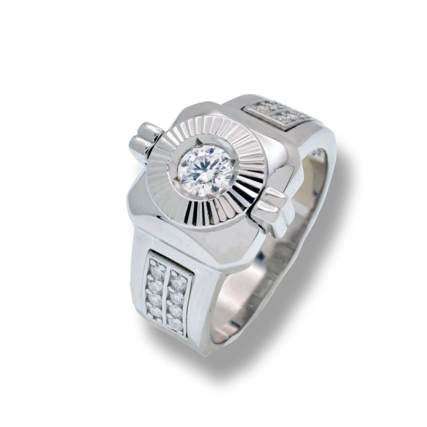 925 Sterling Silver Rhodium Plated Men's Moissanite Stone Round Bezel 14.5mm x 12.5mm Ring