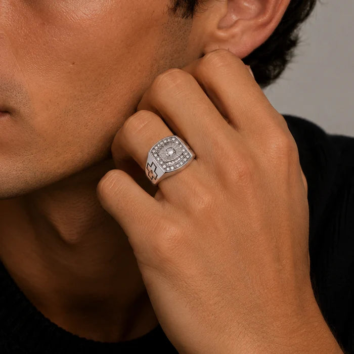 925 Sterling Silver Rhodium Plated Moissanite Square Halo Men's Statement Ring