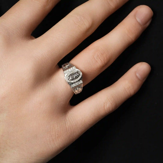 925 Sterling Silver Rhodium Plated Men's Moissanite Saint Jude Oval Center Iced Out Ring