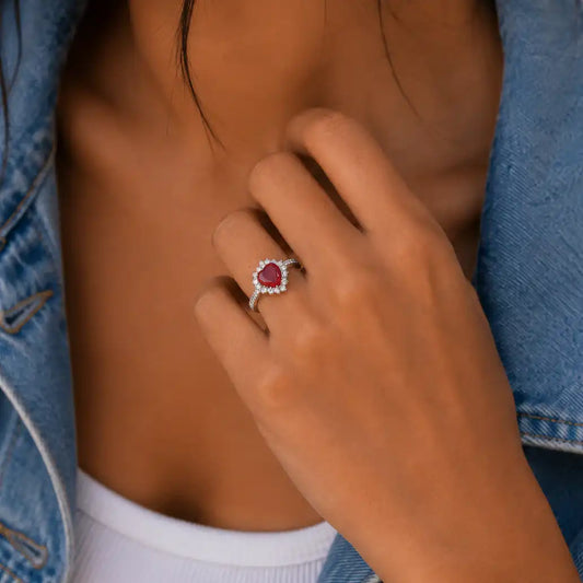 925 Sterling Silver Rhodium Plated Moissanite Stone Ruby Red Heart Pave Ring