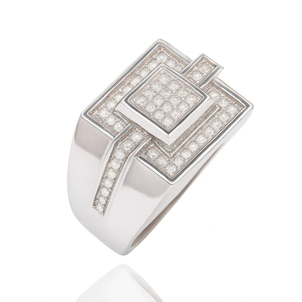 925 Sterling Silver Rhodium Plated Square Top Moissanite Pave Men's Statement Ring