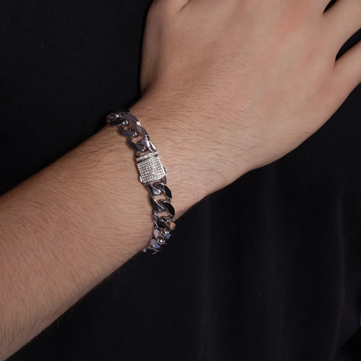 925 Sterling Silver Rhodium Plated Moissanite on Lock Classic Cuban Link 12mm Bracelet