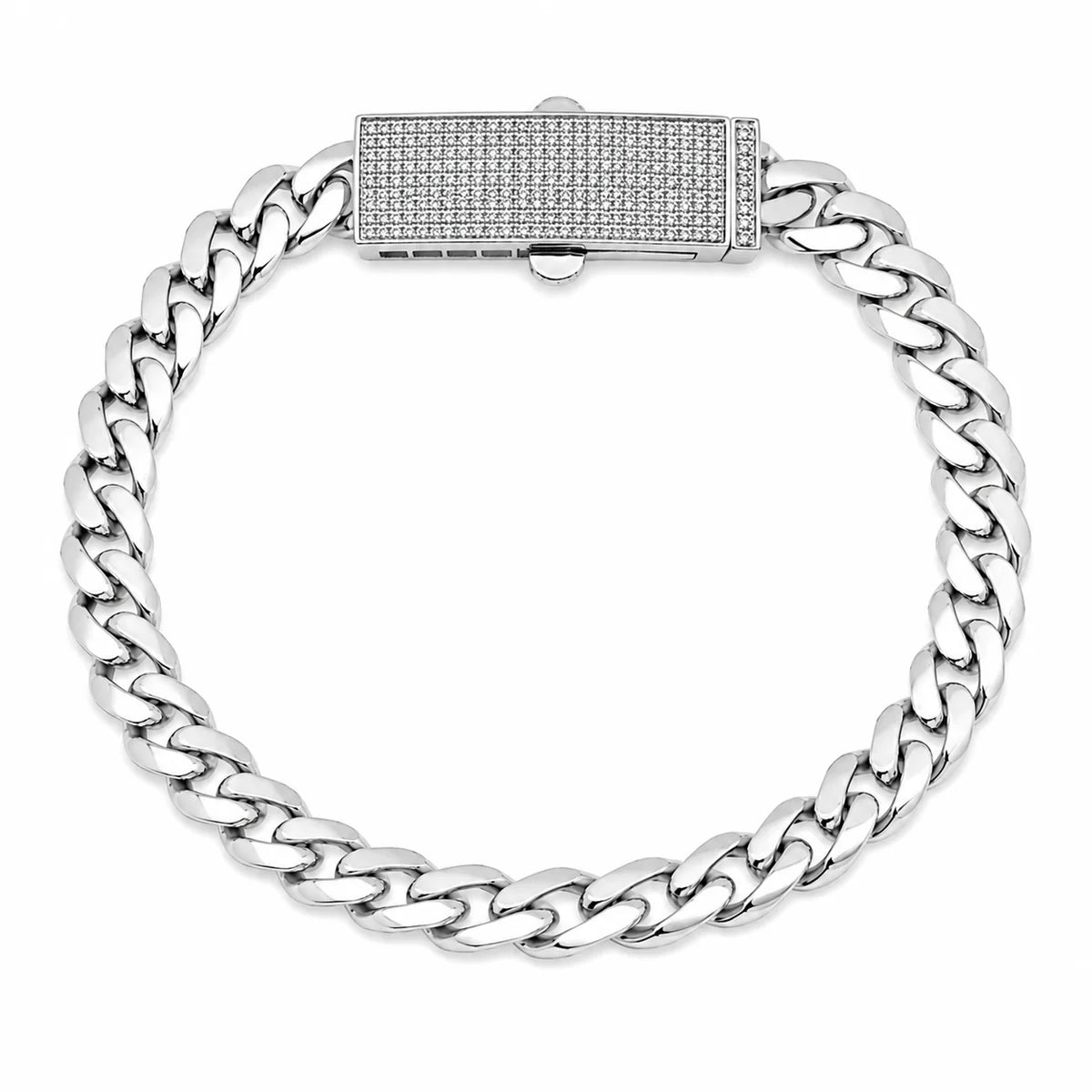 925 Sterling Silver Rhodium Plated Moissanite Pave Bar Lock Cuban Link 8mm Bracelet