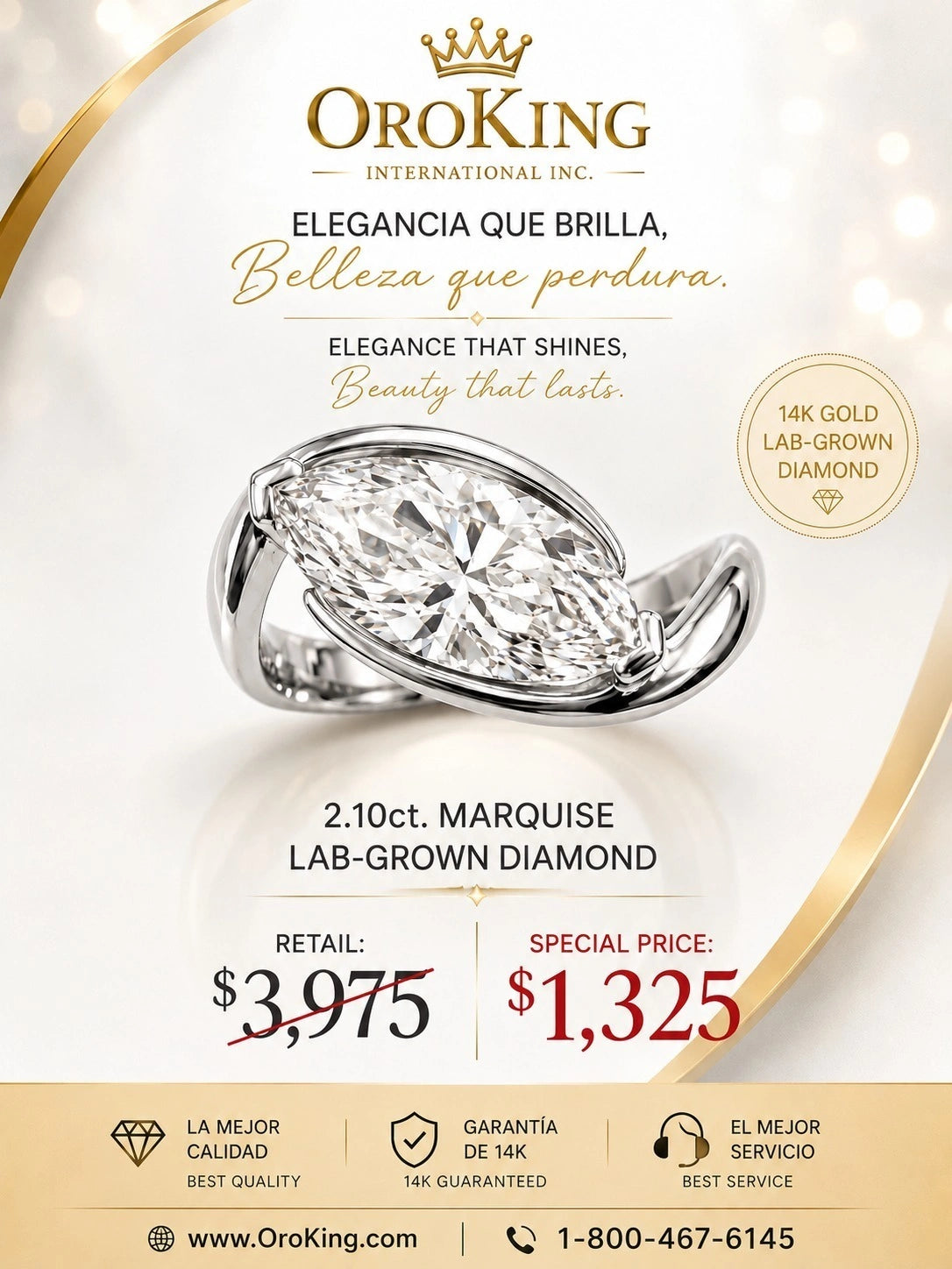 Women's 14K White Gold Certified Lab-Grown Diamond Marquise Curved Ring 2.10ct. Center Stone