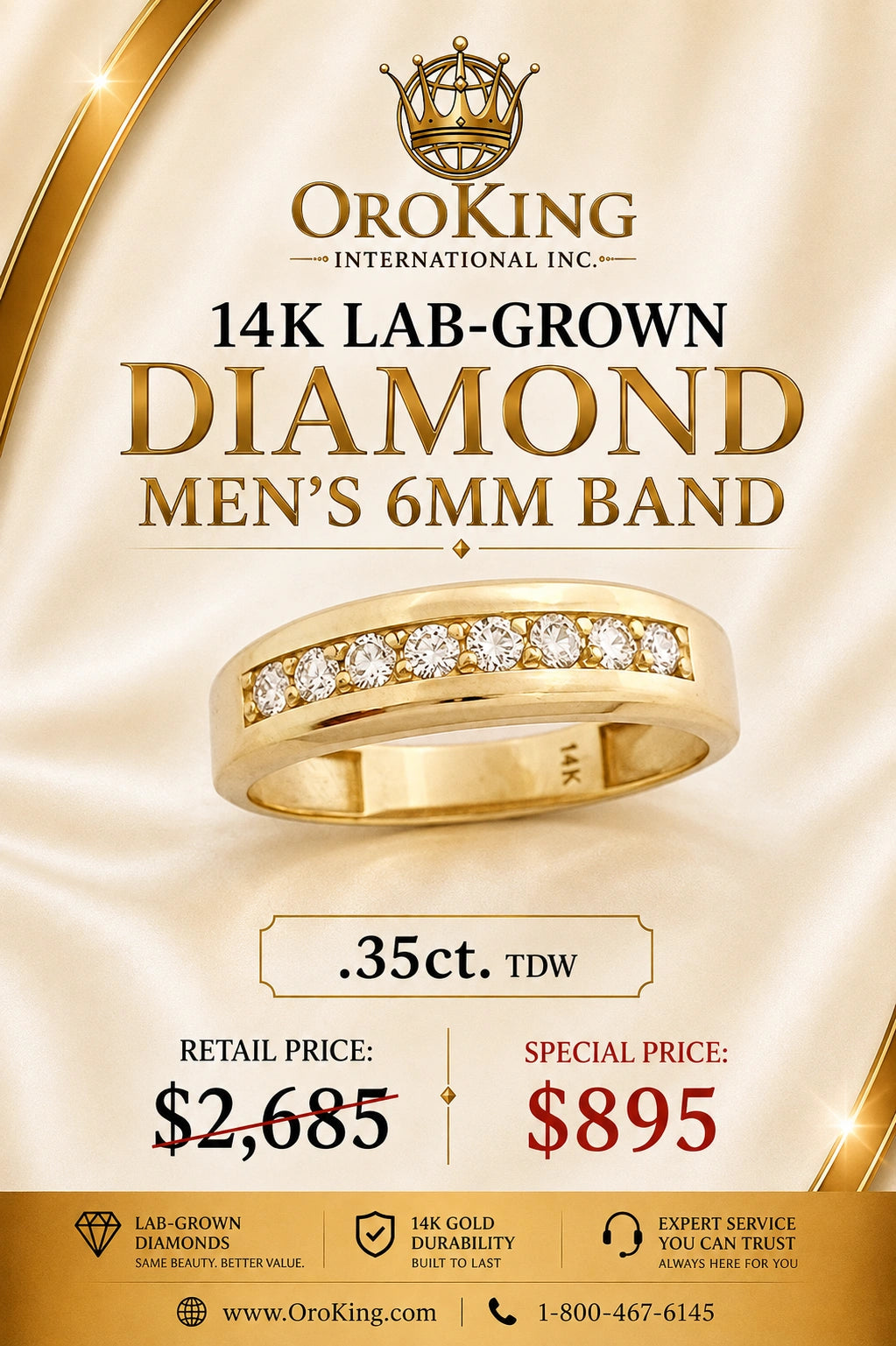 Men's 14K Yellow Gold Lab-Grown Diamond 6mm Band 0.35ct. TDW