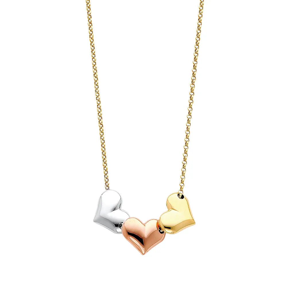 14K Tri-Color Gold Triple Heart Pendant Necklace Size 17"