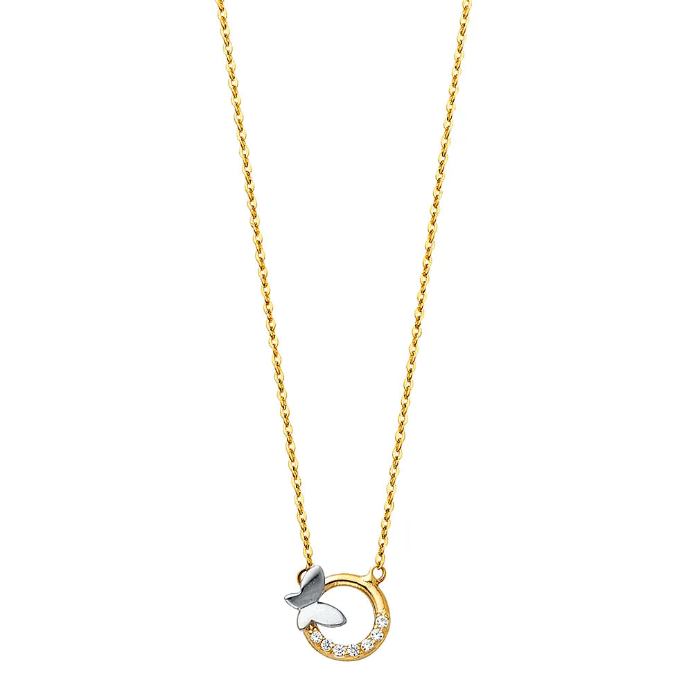 14K Two-Tone Gold Butterfly Circle CZ Pendant Necklace 17"+1" Extender