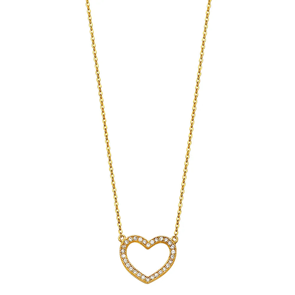 14K Yellow Gold Open Heart CZ Pendant Necklace 17"+1" Extender