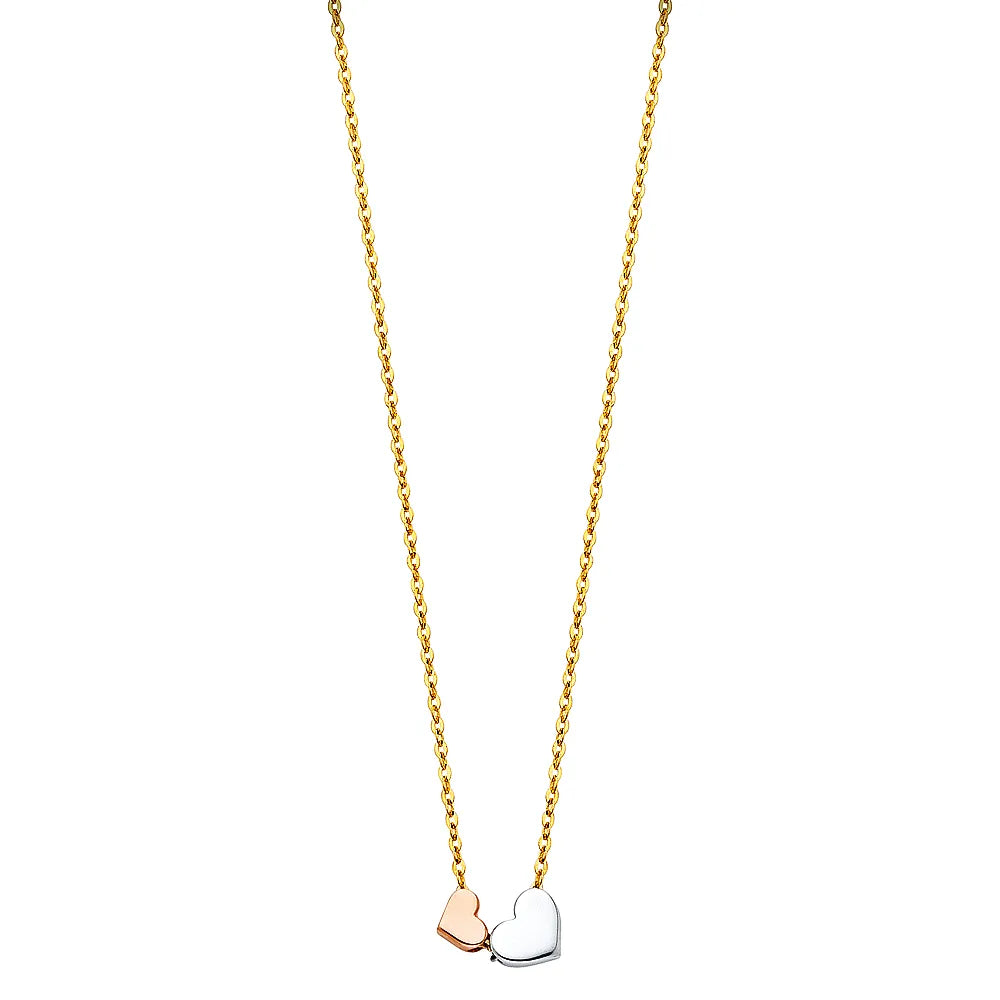 14K Tri-Color Gold Double Heart Pendant Necklace 17"+1" Extender