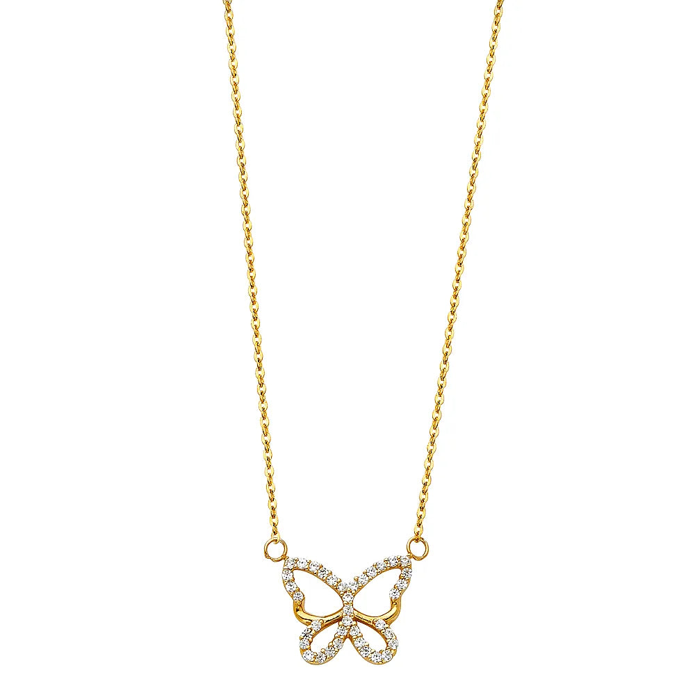 14K Yellow Gold Butterfly Design CZ Necklace 17"+1" Extender