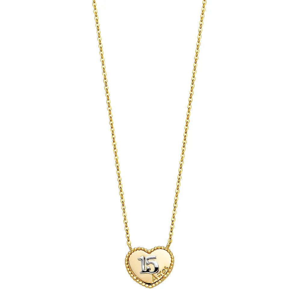 14K Two-Tone Gold Quinceañera Heart Necklace size 17"+1" Extender