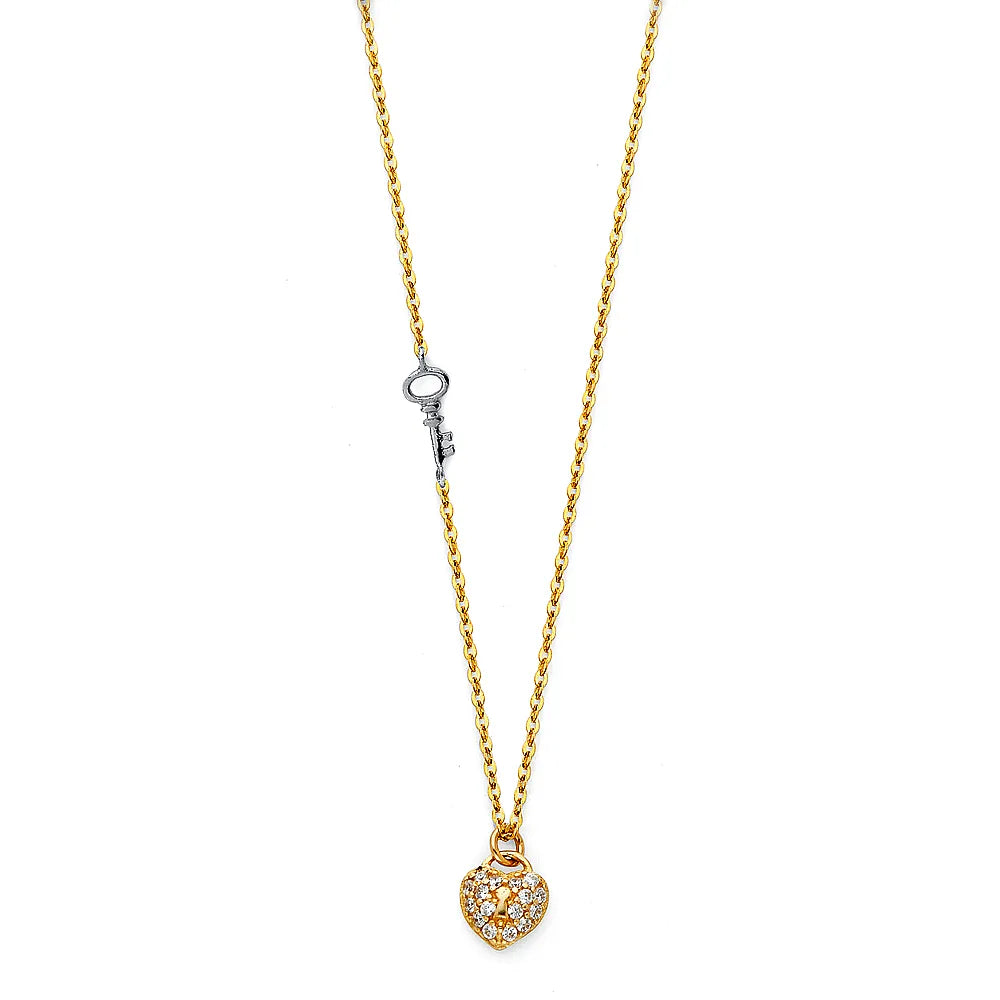 14K Two-Tone Gold Heart Key CZ Pendant Necklace 17"+1" Extender