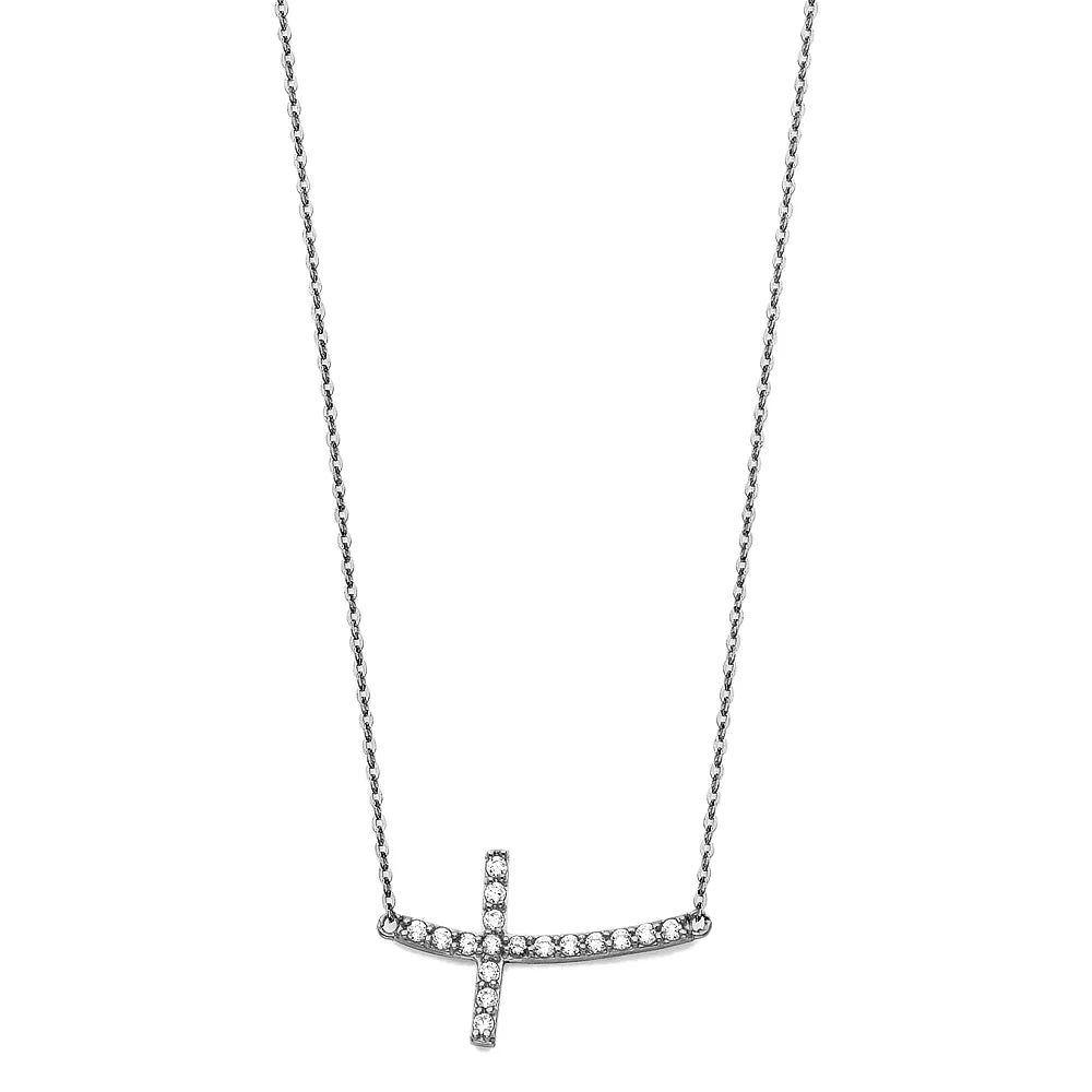 14K White Gold Sideways CZ Cross Necklace 17"+1" Extension