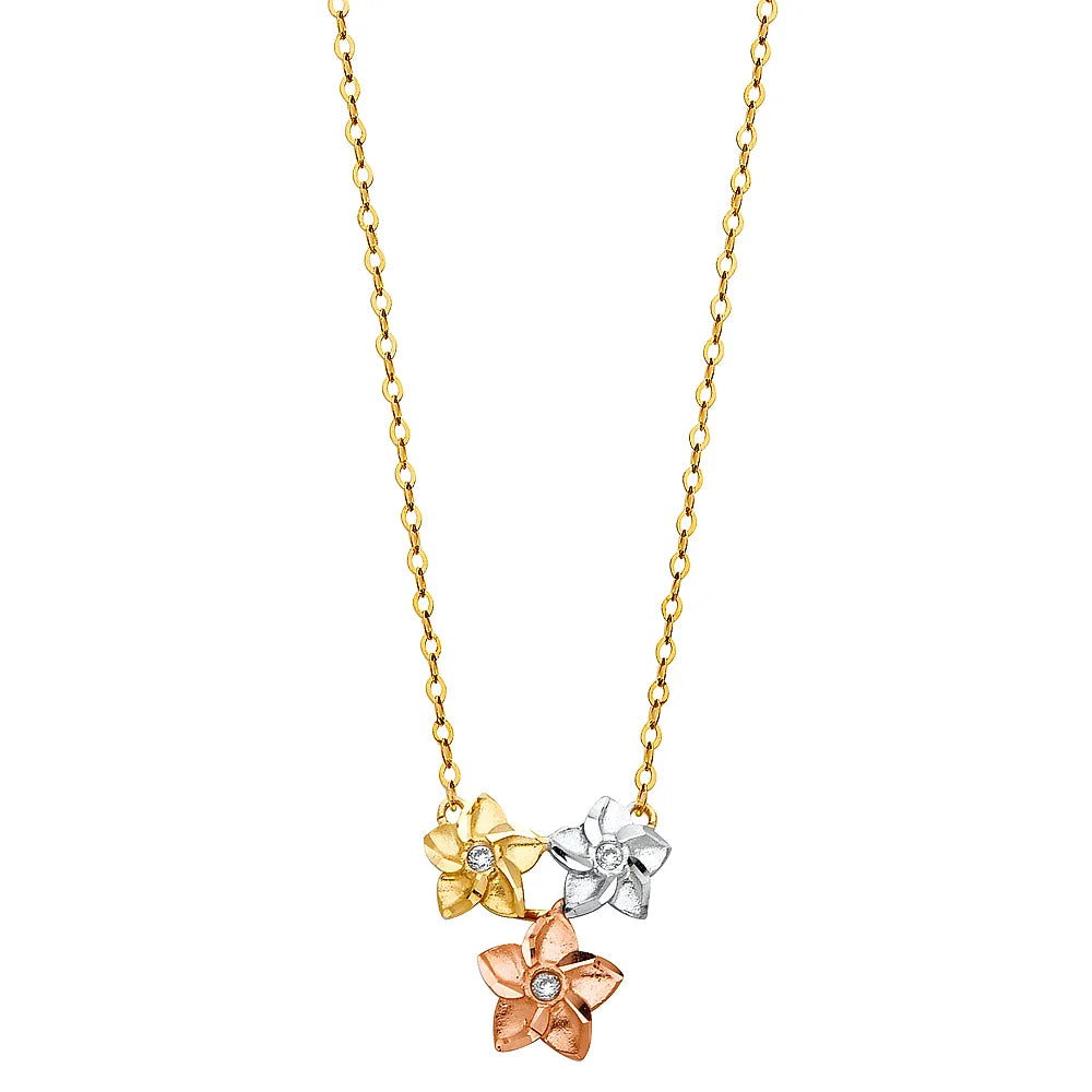 14K Tri-Color Gold Triple Flower CZ Pendant Necklace 17"+1" Extender