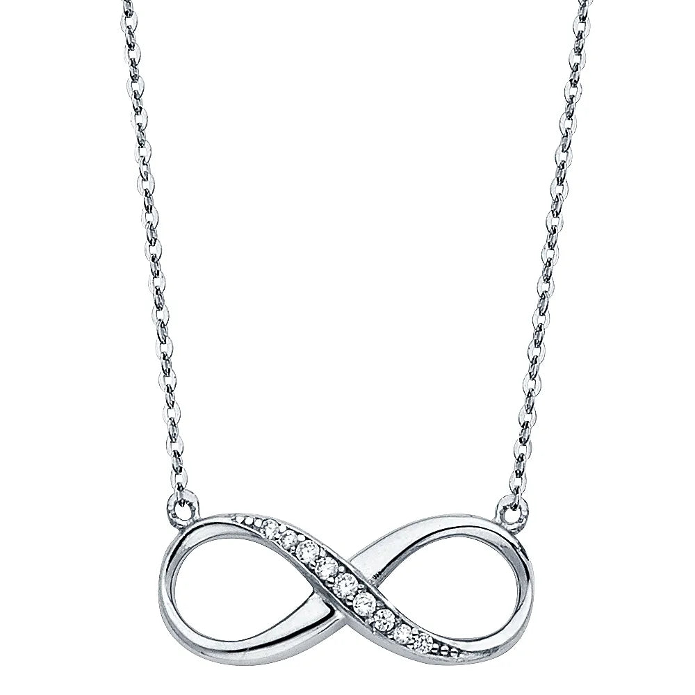 14K White Gold Infinity Pendant with CZ on Cable Chain size 17" + 1"