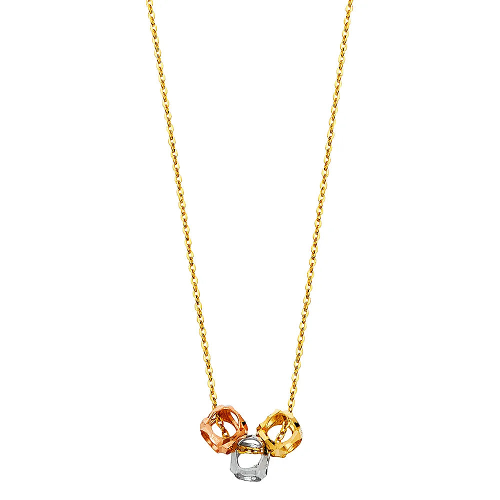14K Tri-Color Gold Faceted Interlocking Pendant on Cable Chain size 17" + 1"