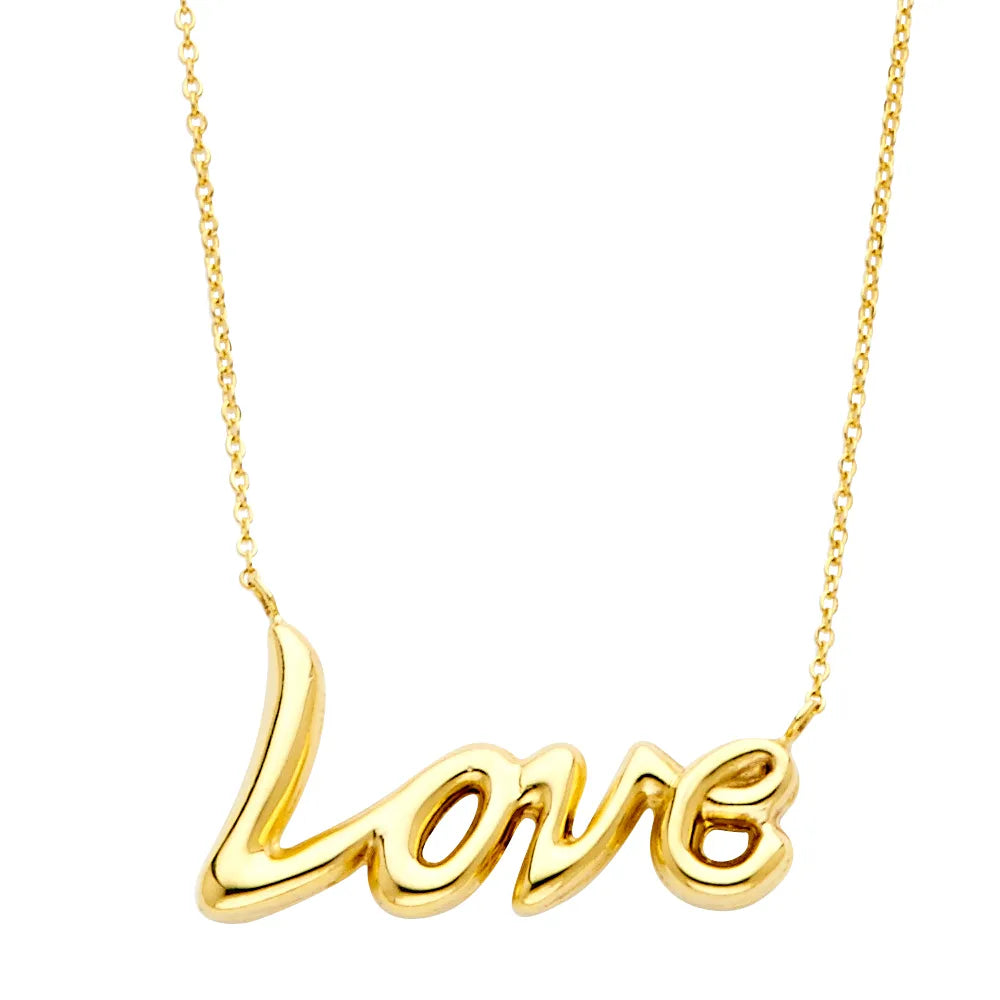14K Yellow Gold Love Script Pendant Necklace 17"+1" Extender