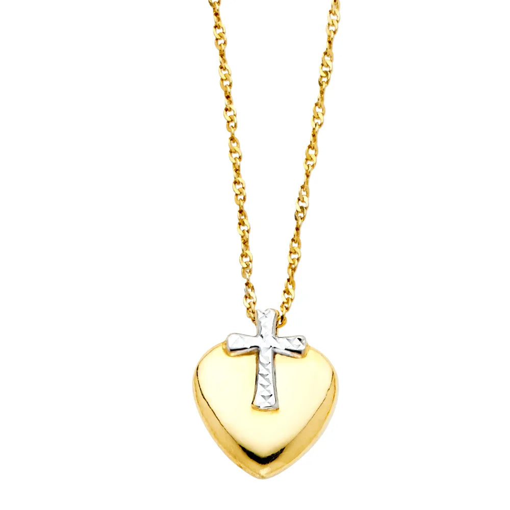 14K Two-Tone Gold Heart Pendant with Cross on Cable Chain 17"+1" Extension