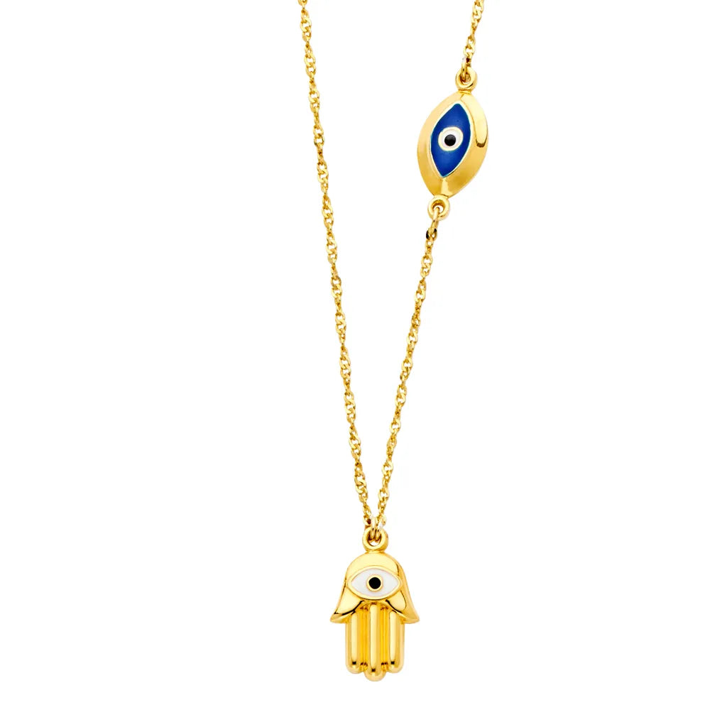 14K Yellow Gold Evil Eye & Hamsa Pendant Necklace – 17" + 1" Extender