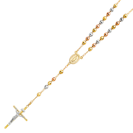 6.0mm 14K Tri-Color Gold Mirrorball DC Rosary Necklace with Virgin Guadalupe Medallion 26 in