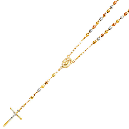 5.0mm 14K Tri-Color Gold Mirrorball DC Rosary Necklace with Virgin Guadalupe Medallion 26 in