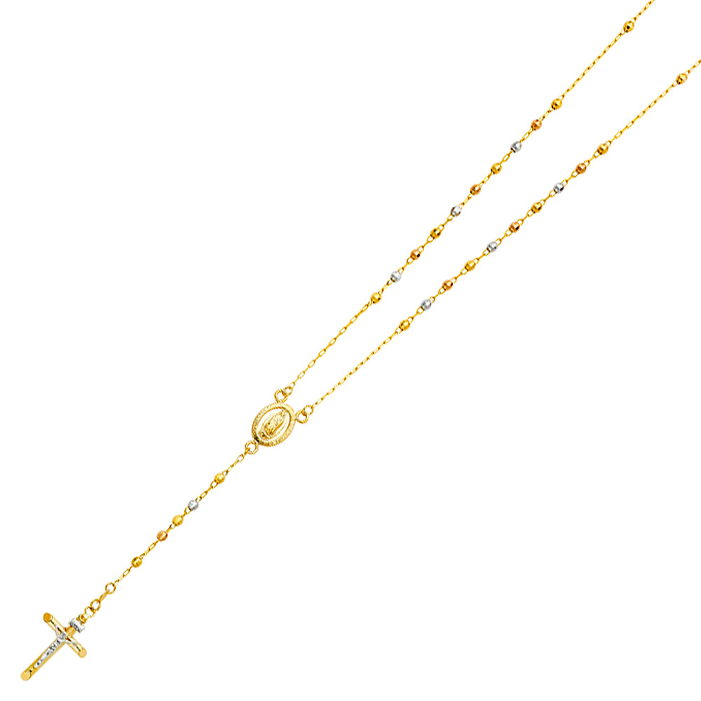 3.0mm 14K Tri-Color Gold Mirrorball DC Rosary Necklace with Virgin Guadalupe Medallion 26 in