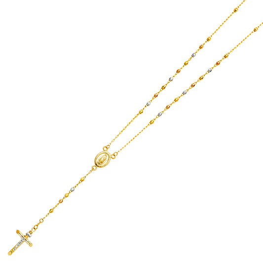 3.0mm 14K Tri-Color Gold Mirrorball DC Rosary Necklace with Virgin Guadalupe Medallion 26 in