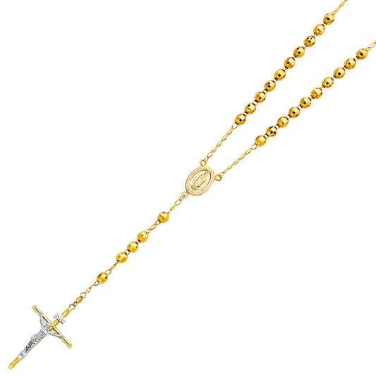 6.0mm 14K Yellow Gold Mirrorball DC Rosary Necklace with Virgin Guadalupe Medallion 26 in